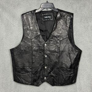 Leather Works Mens 2XL Patchwork Black Genuine Leather Snap Vest Pockets